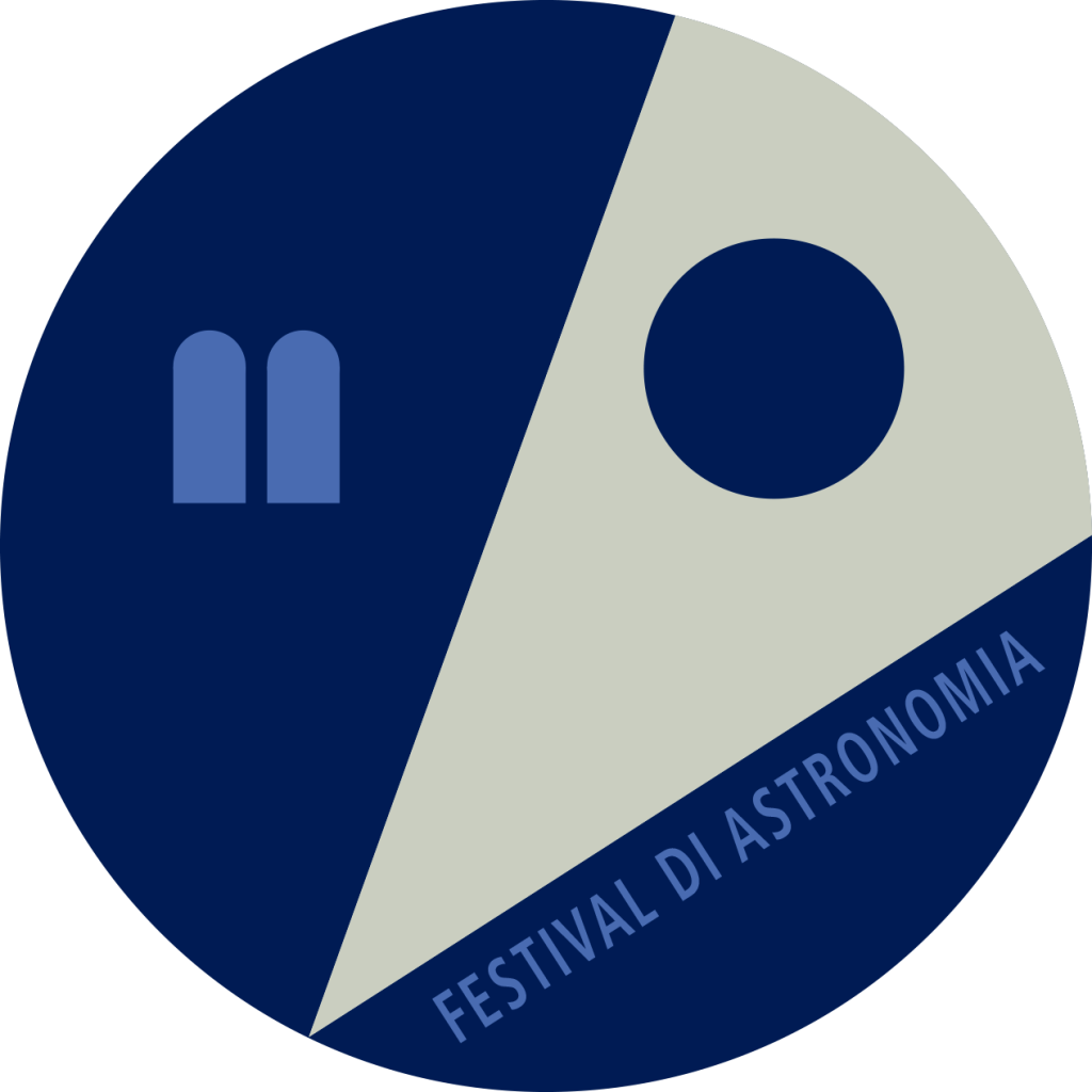 Logo: Universe in all senses, a light blue cone simulating the beam of a telescope meets the window of the clock tower of Castellaro Lagusello